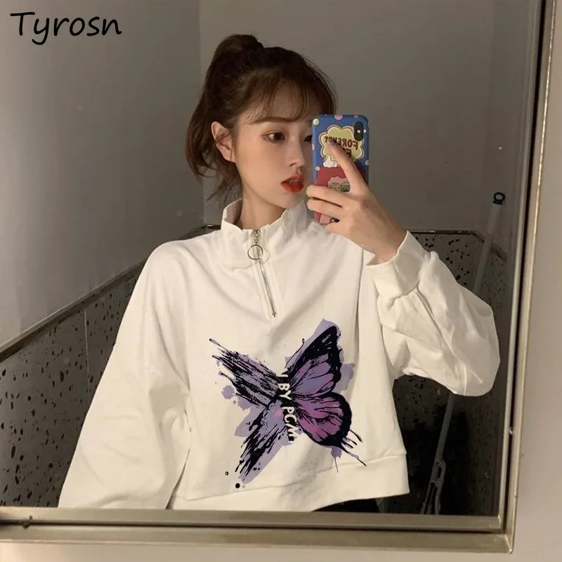 

Korean Style Sweatshirts for Women Loose Stand Collar All-match Simple Design Printing Students Clothing Fashion New Half Zipper