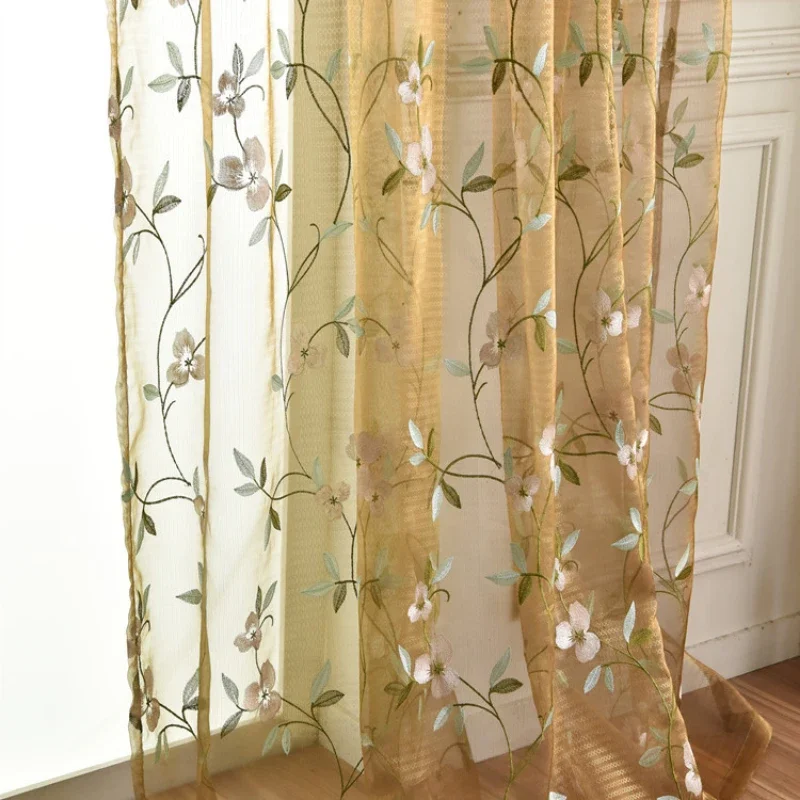 Chinese Retro Magnolia Flower Embroidery Coffee Colored Screen Translucent European Classical Living Room Balcony Window Screen