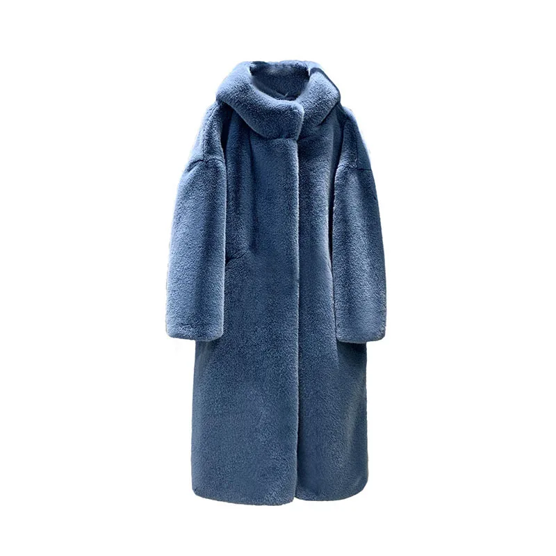 Hooded Thick Faux Fur Jacket Women Colorblock Autumn Winter Maxi Coat Long Warm Luxury Belt Fur Parkas Bontjas Furry Outerwear