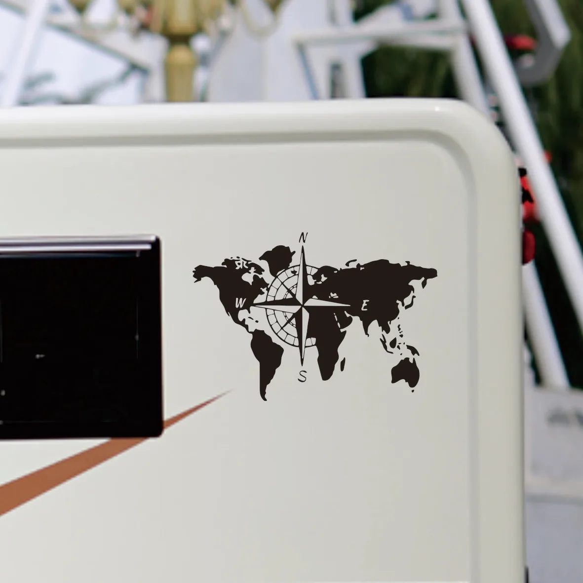 World Map Compass Car Sticker - Large Vinyl Decal for Caravan, Camper, RV, Truck - Camping Travel Explore Auto Decor