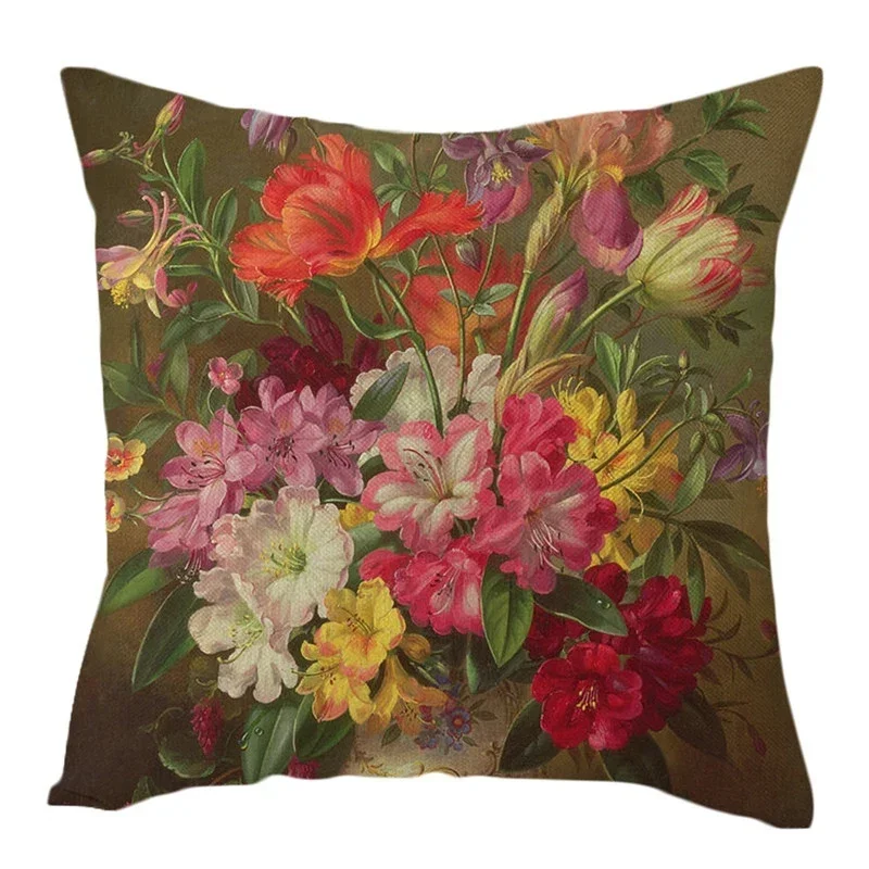 Linen Flowers Paintings Cushion Cover Roses and Vase Orange Pomegranate Throw Pillow Cover Floral Sofa Home Decor Pillowcases