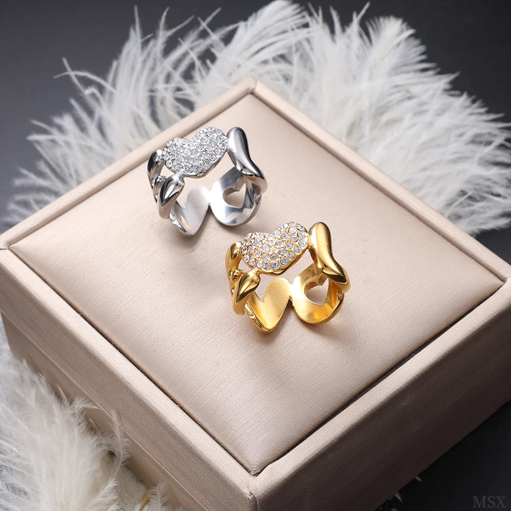 خاتم على شكل قلب من الفولاذ المقاوم للصدأ مطلي بالذهب عيار 18 قيراط تصميم عتيق فاخر فريد من نوعه بحروف حب مرصعة بحجر الراين للنساء