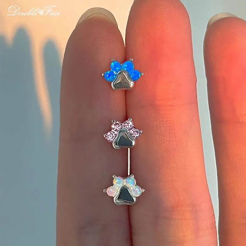 Y2k Cat's Paw Ear Cartilage Piercing Screw Earrings Women Female Silver Color Opal Helix Daith Earing 2000s Aesthetic Jewelry