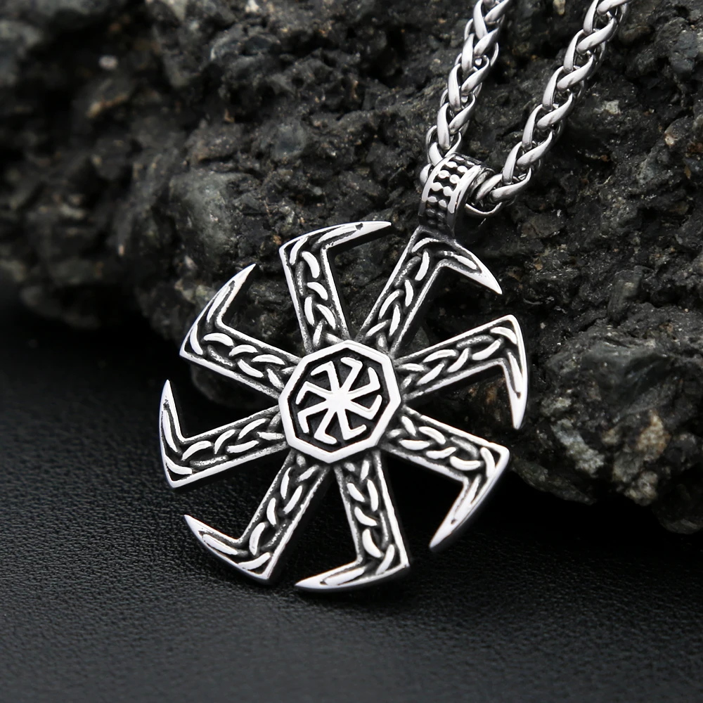 Vintage Slavic Kolovrat Symbol Pendant Necklace For Men Women Stainless Steel Pagan Sun Wheel Necklaces Amulet Jewelry Wholesale