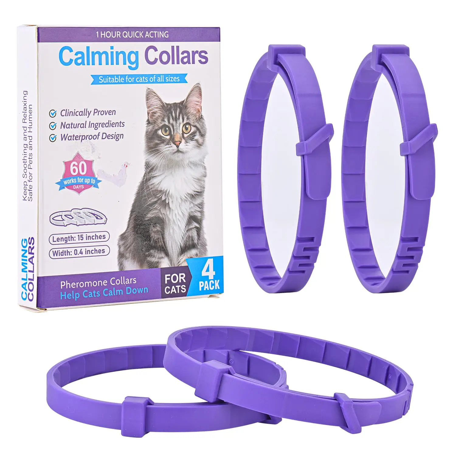4 قطع من طوق تهدئة القطط - رائحة اللافندر، تخفيف فيرومون لمدة 60 يومًا للإجهاد/الخدش، قابل للتعديل للقطط (الزيارات النباتية/الطبيبية) #1