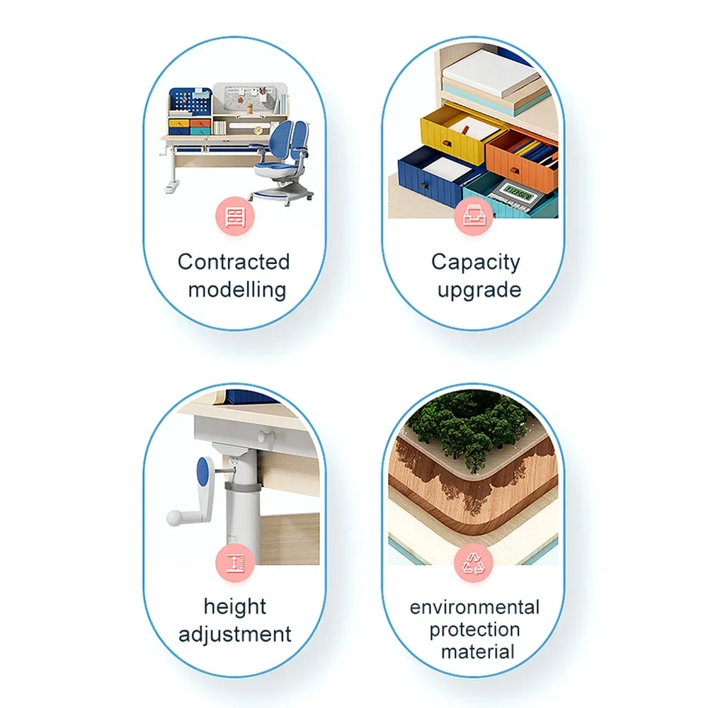 Mesa de aprendizagem infantil com estante, mobiliário doméstico, altura ajustável, mesa de estudo e cadeira para criança