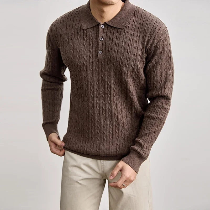 Men Vintage Cable Twist Textured Knit Long Sleeve Polo Shirts Lapel Collar 3 Buttons Soft Skin Friendly Cotton Business Tops