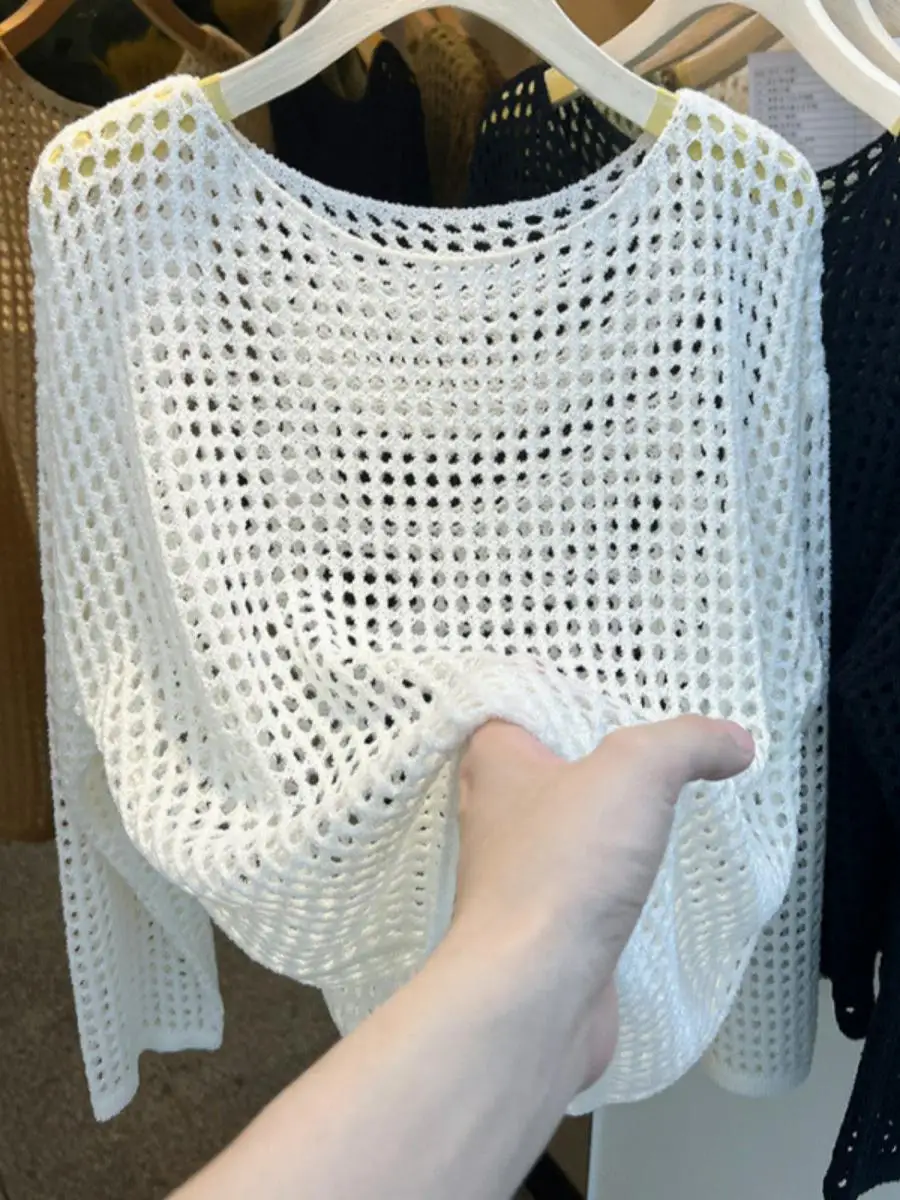 

Women's Long Sve Knitted Me Sweater Pure Color Spring Autumn Season Eyelet Cover up Top Thin Material Spring 2025