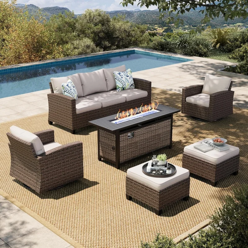 

6-Piece Beige Swivel Glide Patio Set, Wicker Sectional Sofa + 56 Fire Pit Table Outdoor Lawn Deck