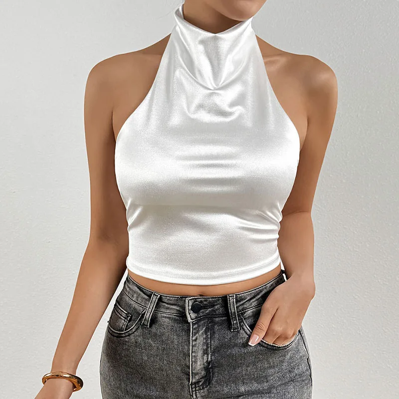 Elegante schulterfreie Satin-Crop-Tops für Damen, sexy rückenfreie ärmellose Neckholder-Westen, Streetwear Y2K Slim Party Kurz-Tanktop