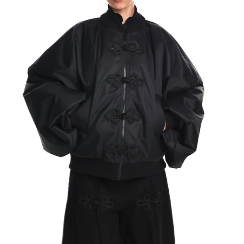 الصينية عقدة زر سترة قصيرة المرأة واسعة الأكمام سستة معطف الوقوف شيك موضة أبلى 2025 جديد الخريف معاطف سيدة أنيقة #3