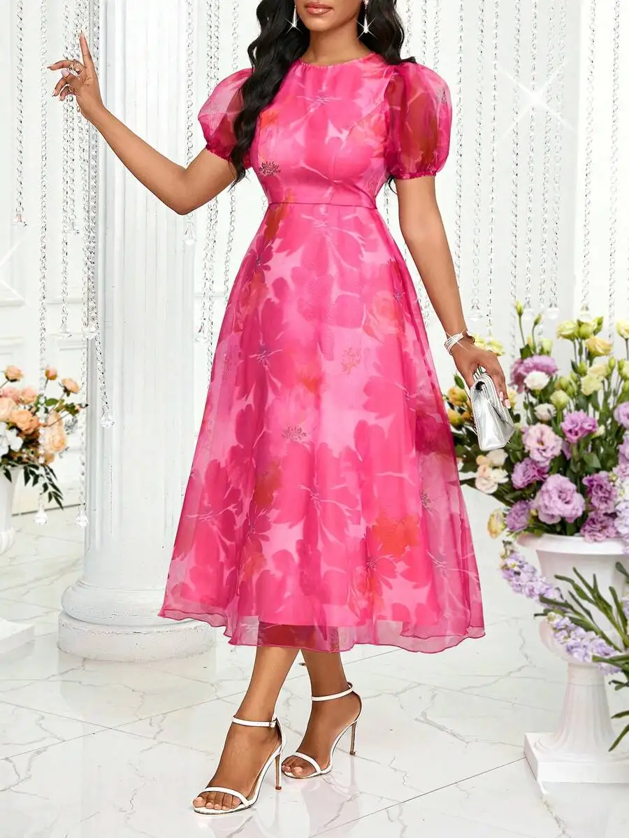 

Pink Floral Print A-Line Midi Dress with Puffed Sleeves and Sheer Overlay