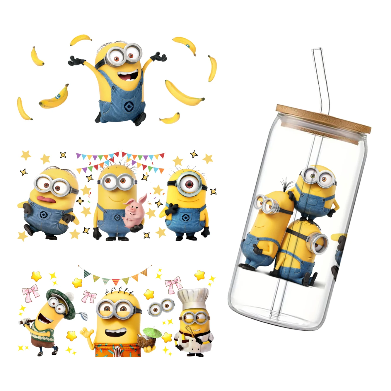 11*24cm Disney Minions UV DTF Wraps Transfer Sticker DIY For 16oz Glass Cup Waterproof Decals Coffee Cup Sticker