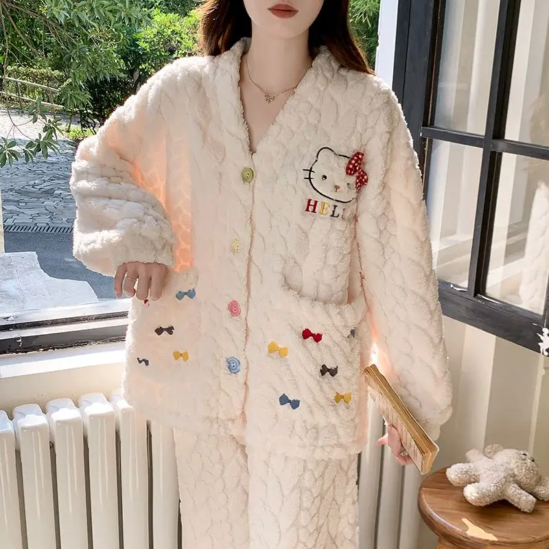 

High-end Cartoon Hello Kitty Pajamas for Girls Winter Coral Velvet Thickened Comfortable Warm Cute Soft Student Home Clothes Set