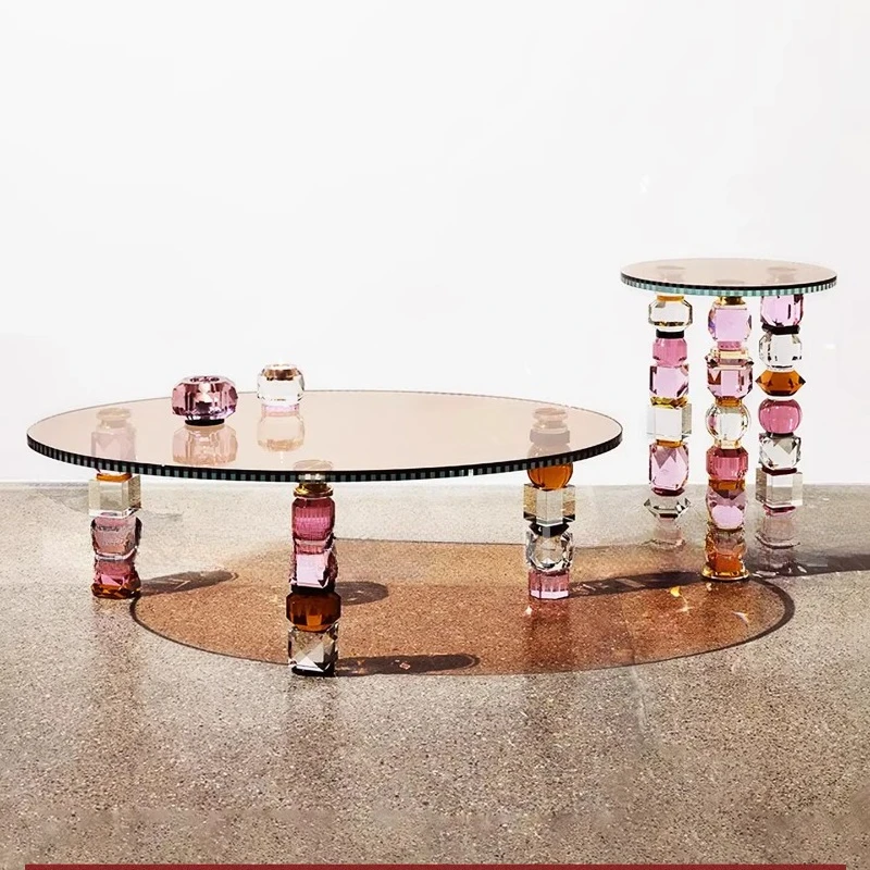

Italian glass coffee table light luxury high-end color crystal sofa edge few designer living room home coffee table