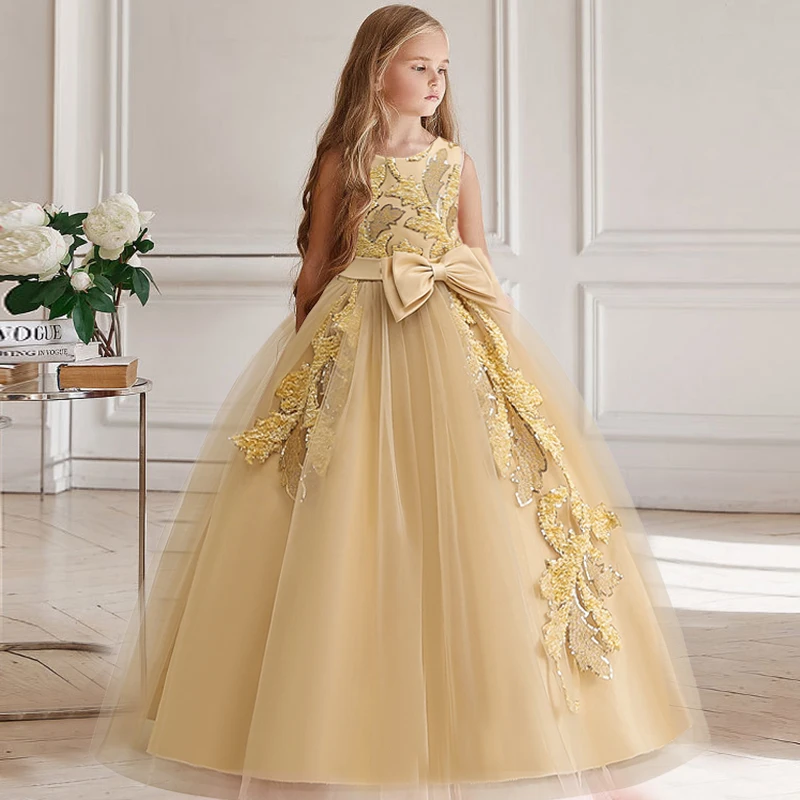 Girl Party Dress Bridesmaid Princess Flower For Wedding Elegant Kids Bow Long Gown Children Formal Gala Clothes 12 13 Y Vestidos