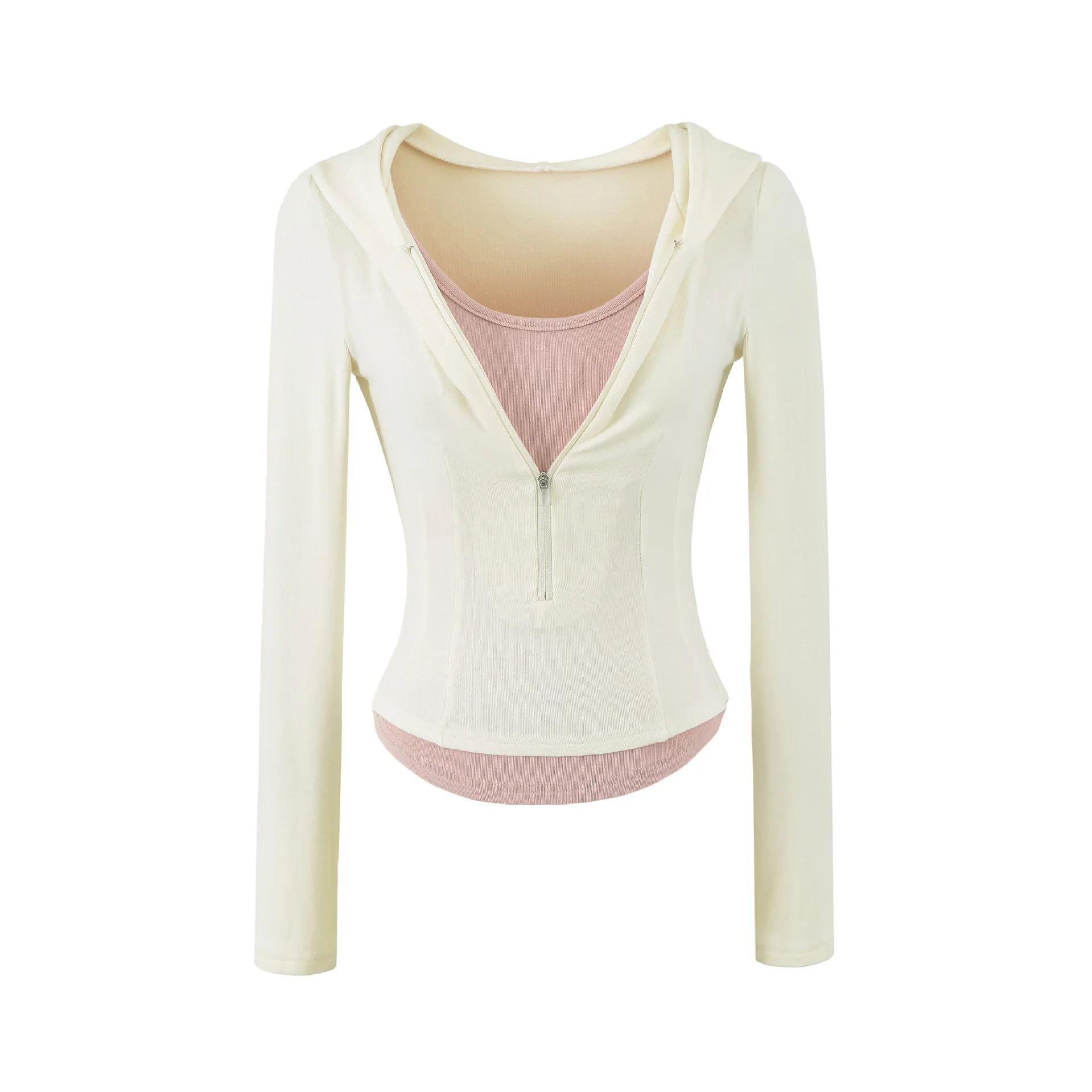 European and American pure desire style hooded color-blocked fake two-piece slim long-sleeved T-shirt