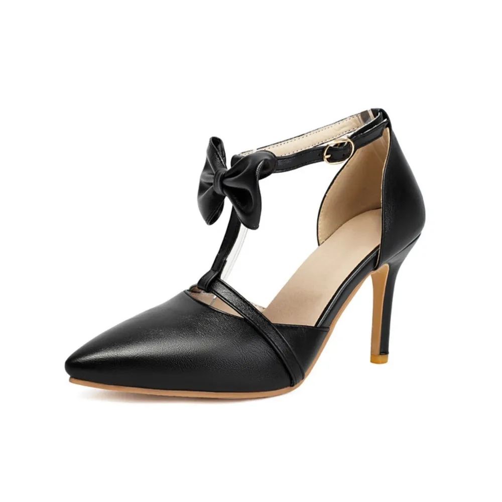 

Женские туфли-лодочки больших размеров (34-48) на высоком каблуке с Т-образным ремешком, острым носком, бантом и пряжкой на щиколотке, элегантные туфли-стилеты для вечеринок F8-22