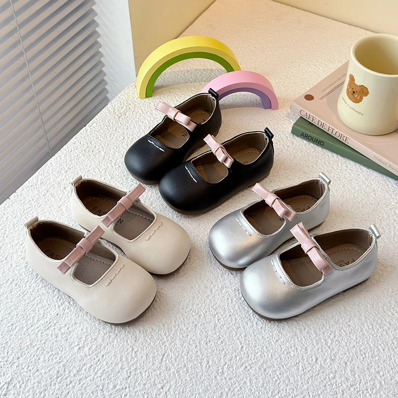 

New Toddlers Girls Leather Shoes for Wedding Party Light Weight Soft Casual with Bow-knot Elastic Band Fashion Ballet Kids Flats