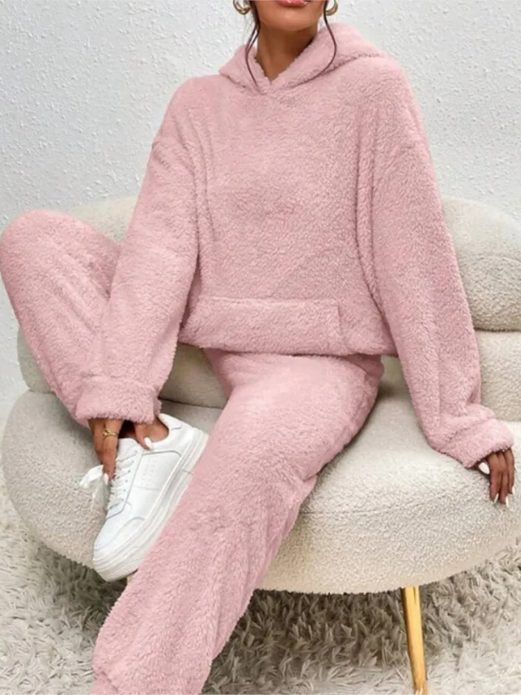 

Autumn Winter Plush Hooded Sweatshirt Trousers 2 Piece Set Women's Fashion Pocket Warm Casual Home Clothing Hoodie Trousers Suit
