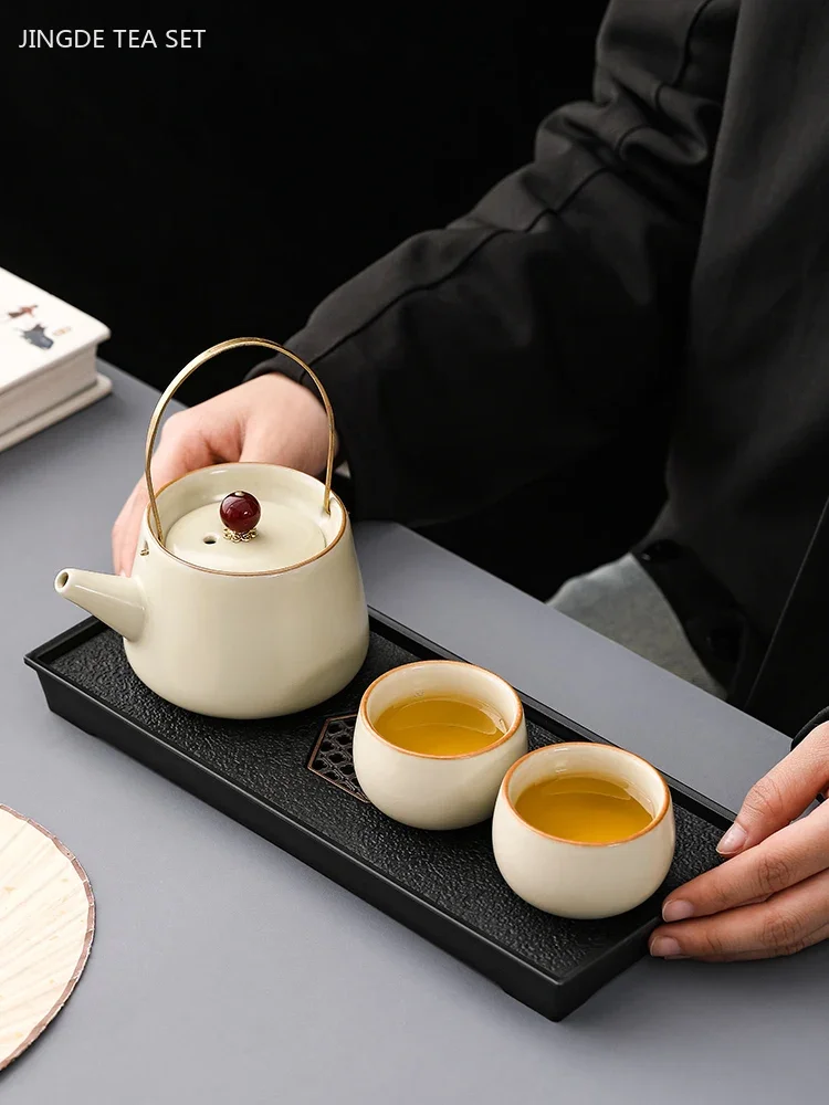 

High Quality Ru Kiln Ceramic Tea Set One Pot Two Cups Tea Tray Set Custom Beauty Teaware Handmade Filter Tea Infuser Master Cup