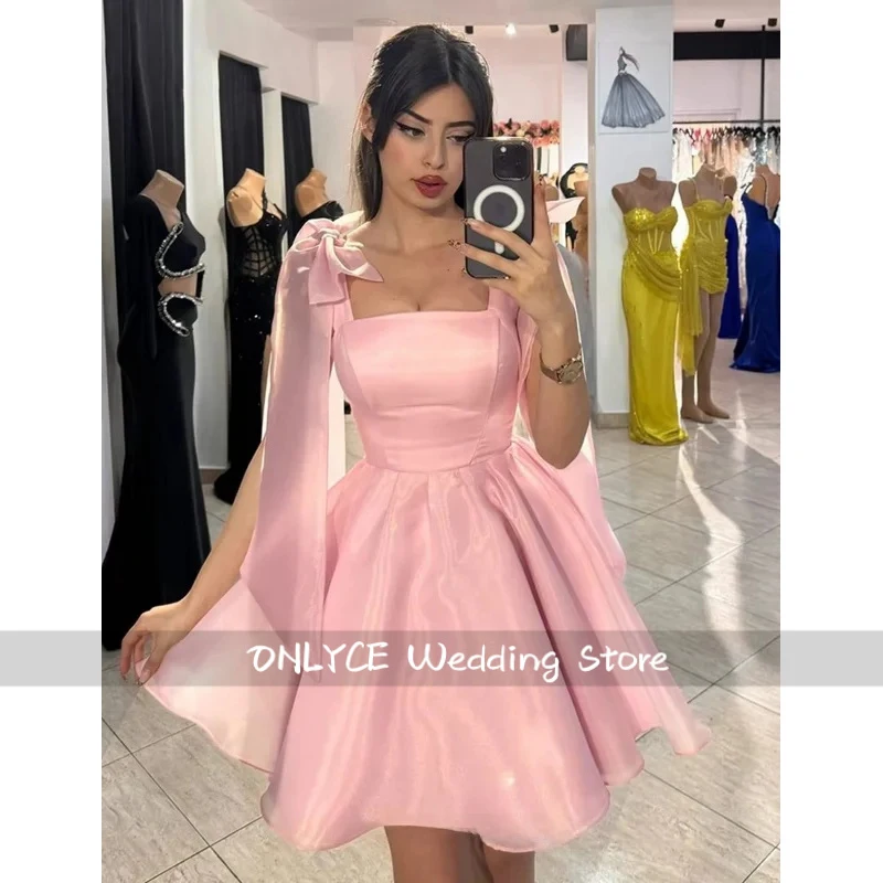 Pink Bow Spaghetti-Strap Homecoming Dresses 2025 Satin Pleated A-Line Skirt Cute Mini Skirt Birthday Party Dresses Customized