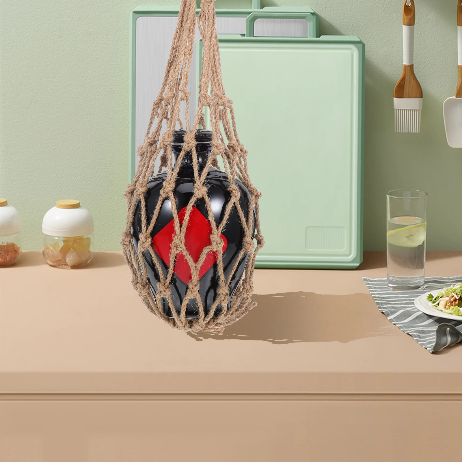 

Jute Rope Wine Jar Net Bag Macrame Wine Bottle Mesh Bag Carrier Handwoven Tote for Picnic Storage Crochet Bottle Holder
