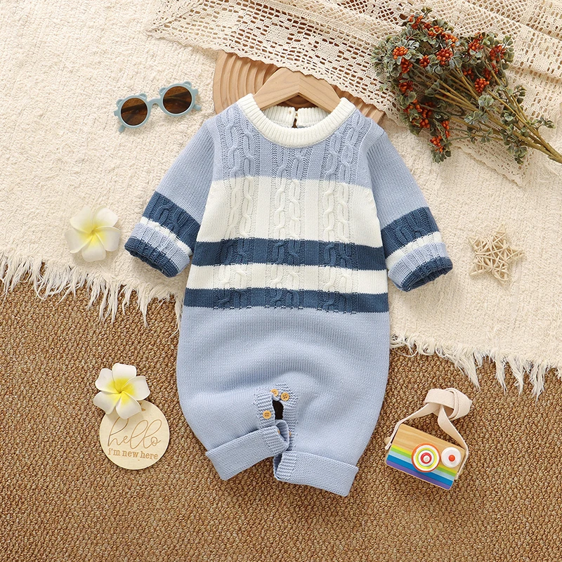 Baby Boys Rompers Clothes Blue Crew Neck Long Sleeves Knitted Newborn Infant Jumpsuits Outfits One Pieces Toddler Overalls 0-18m