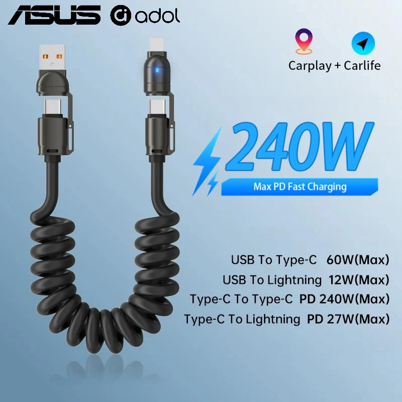 ASUS 240W Fast Charging Spring Cable 2M CarPlay Android Auto 4in1 Type C USB Lightning for iPhone 17 Samsung Car Charger Cable