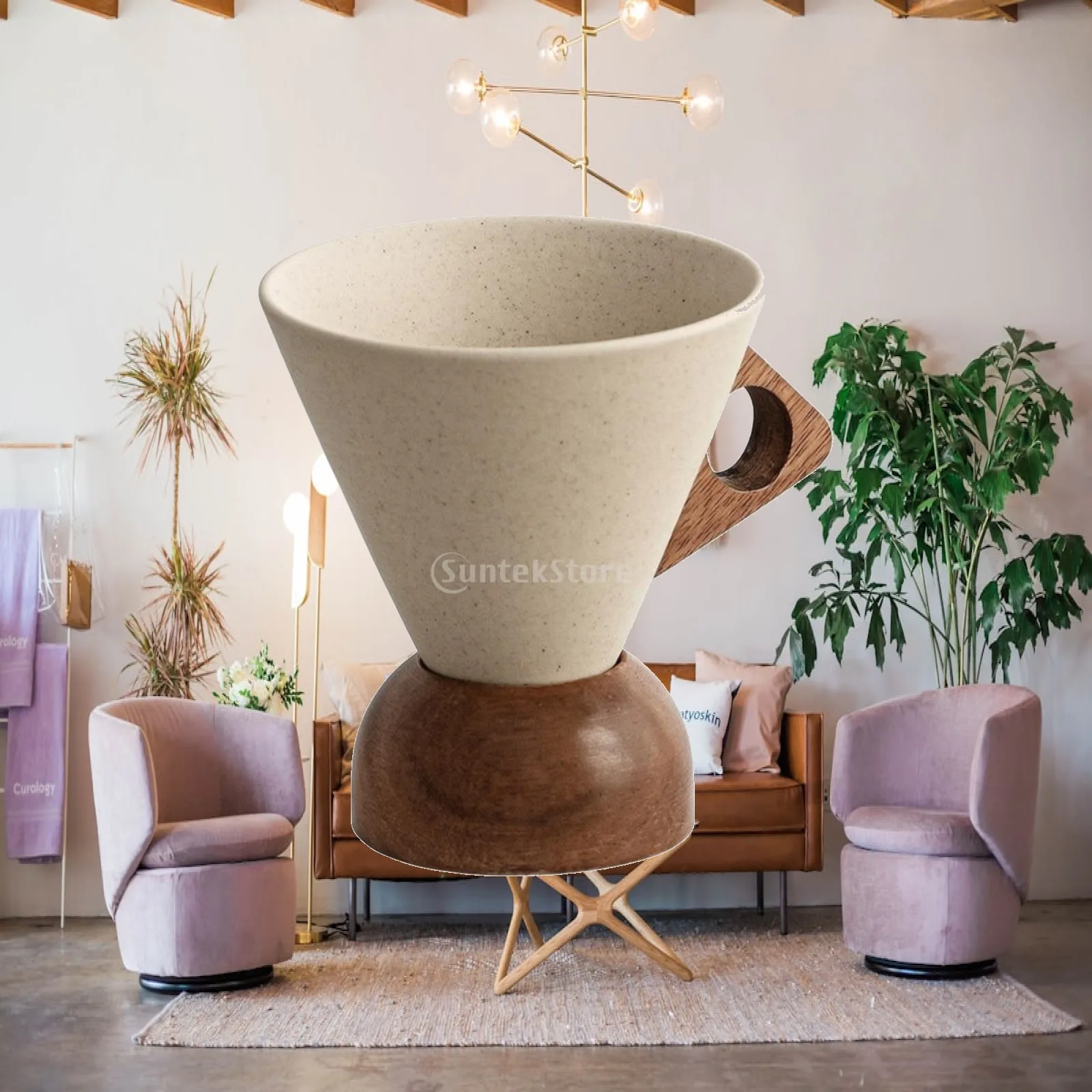 Pour-over Coffee Cup with Wooden Base Artisanal Ceramic Coffee Cup with Wooden Handle Minimalist Heat Insulating