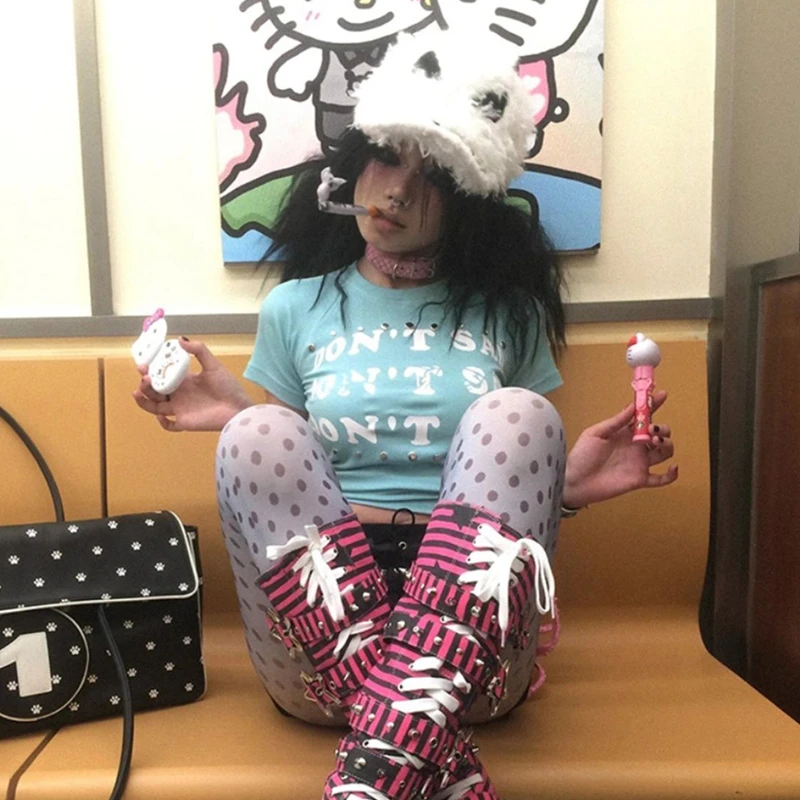 Karrram Japanese Y2k Letter Print T-shirt Vintage Harajuku Blue Crop Top Trashy 2000s Style Short Sleeve Tee Shirt American 90s