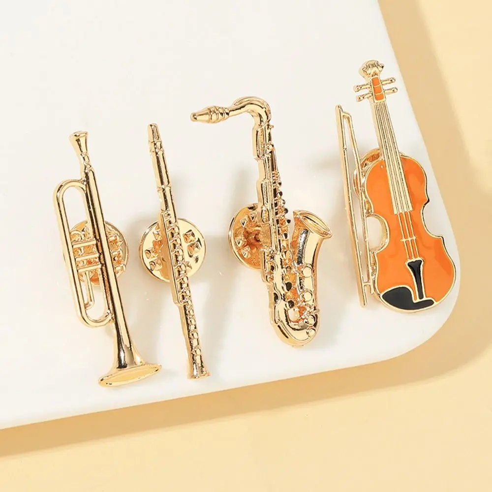 4Pcs Alloy Enamel Brooches Trumpet Clarinet Saxophone Violin Shaped Musical Instruments Lapel Pins Jewelry Accessories