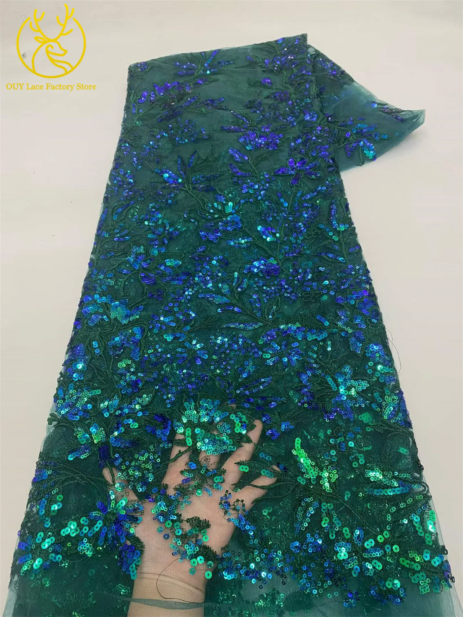 Goldener Luxus-Tüllstoff mit französischer Stickerei und Pailletten, afrikanischer Pailletten-Mesh-Tüllstoff zum Nähen von Hochzeits- und Abendkleidern – Detail 8