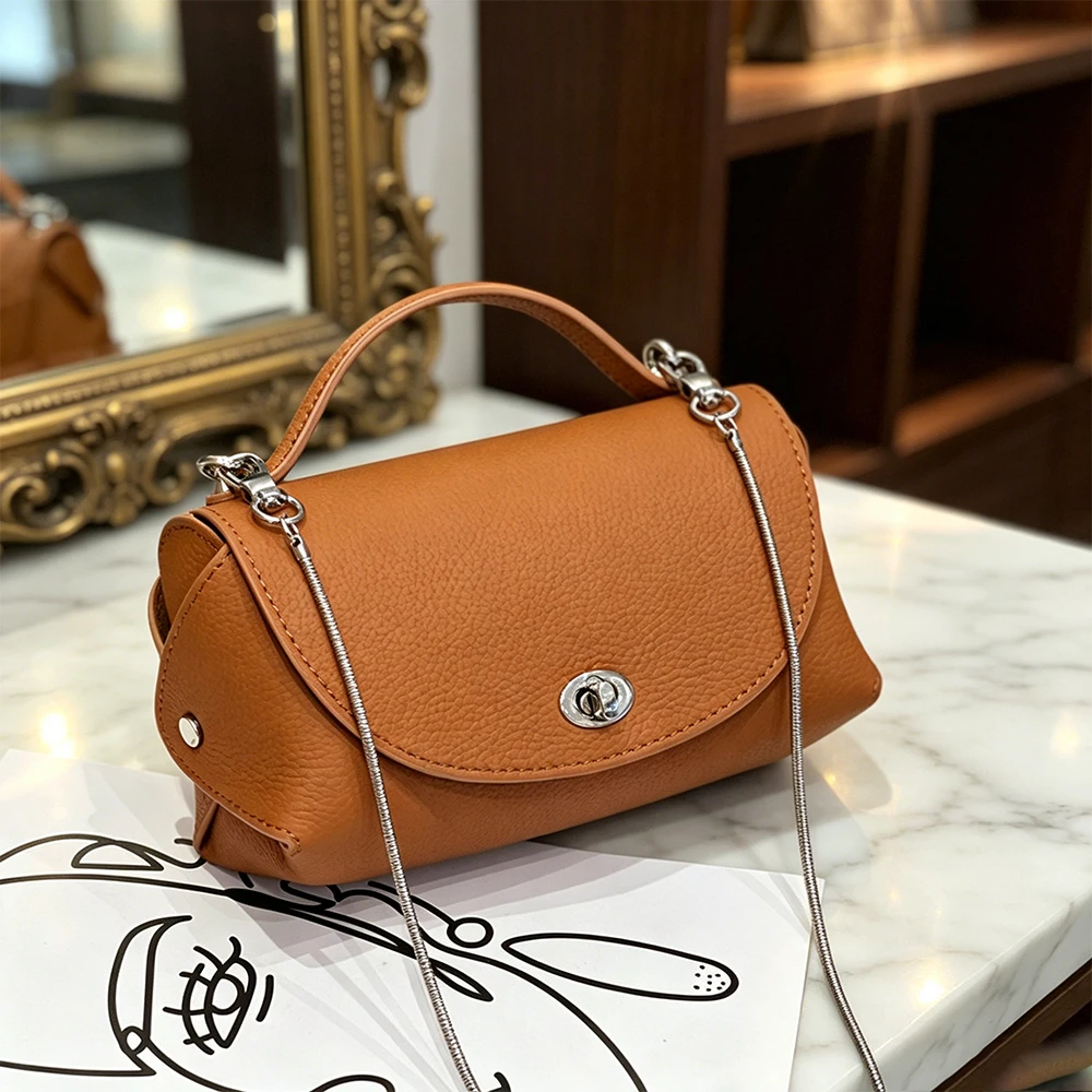 

Women's Chic Top Grain Leather Mini Crossbody Bag with Chain Strap Trendy Flap Lock Versatile Phone Purse Handbag Multi Colors