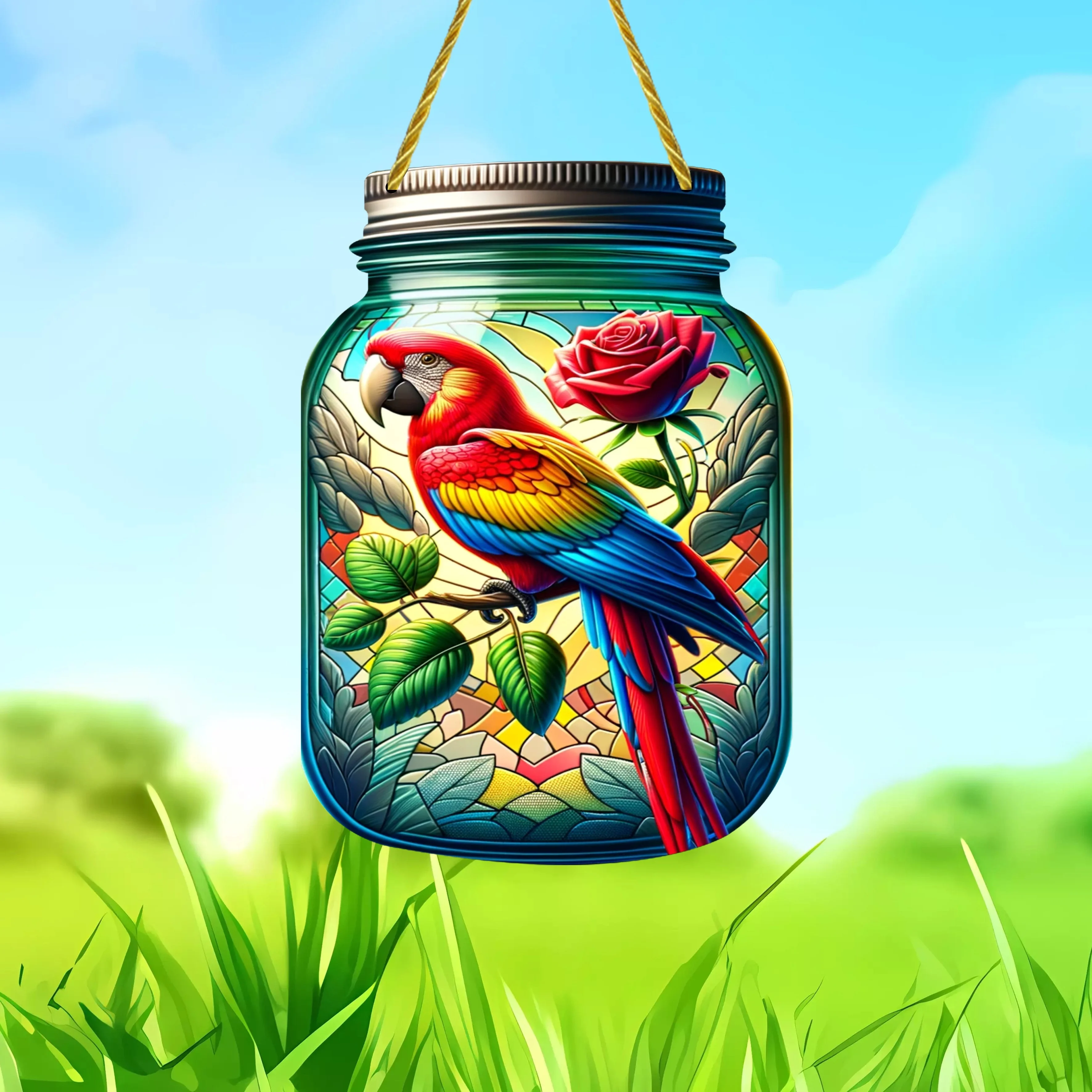 Colored Parrot,Mason Jar Acrylic,Stained Window Bird Pendant,Sun Catcher,Gifts,Spring,Family,Bedroom,Living Room,Study,Terrace