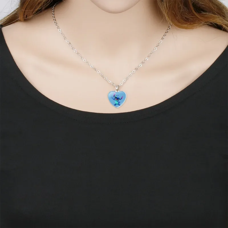 Colgante de cristal con foto impresa de corazón de Lilo & Stitch para niños, collares de Stitch de Disney, regalos de joyería hechos a mano, novedad