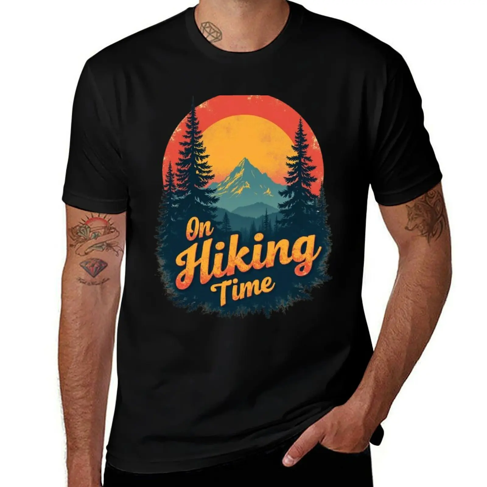 

On Hiking Time – Retro Sunset Mountain Hiking Design T-Shirt custom shirt Blouse plus size clothes oversized t shirts for men
