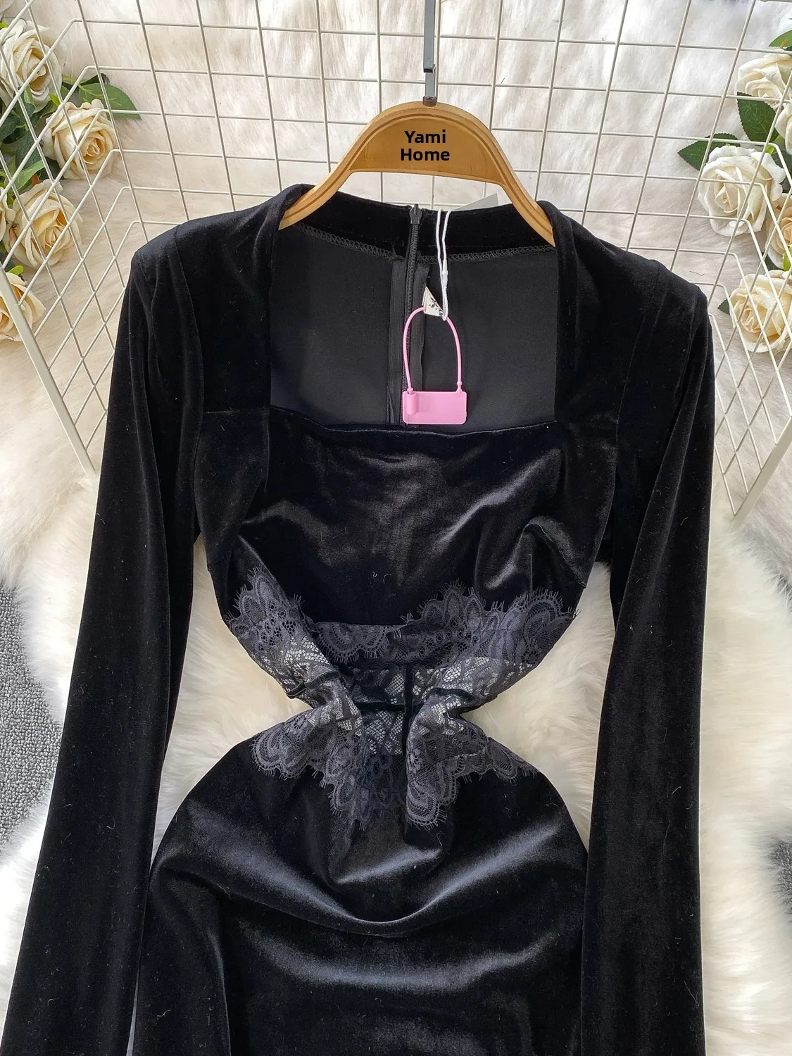 Hebe Sle Ele Velluto Wrap Dr con giunture in pizzo Inverno Slim Fit Fi Tail Abito a vita alta Lungo Sve Ci Pendolarismo Dr