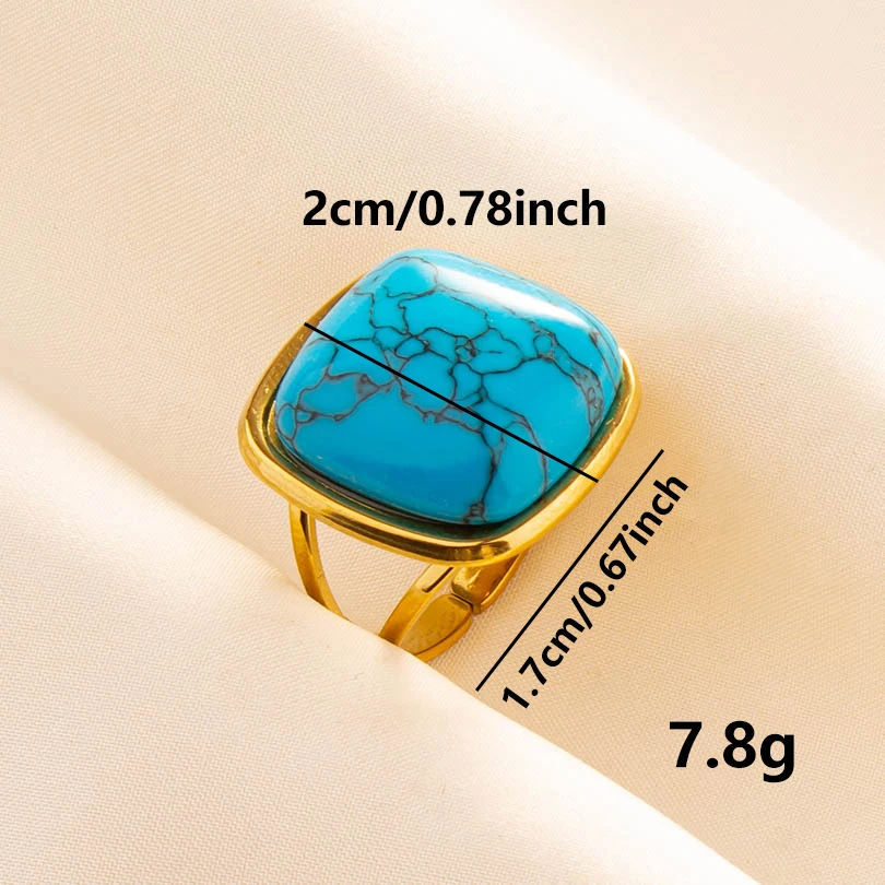 New Retro Inlaid Square Natural Stone Rings Stainless Steel Geometric Open Adjustable Women Rings Fashion Bohemian Style Jewelry