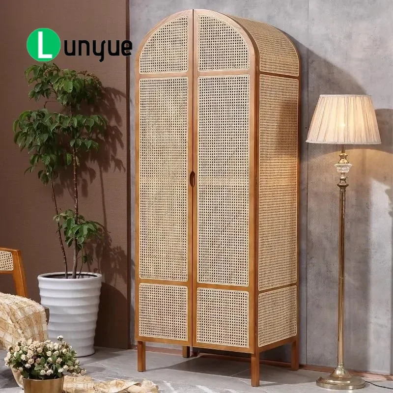 Nordic Solid Wood Rattan Wardrobe Simple Storage Cabinet for Bedroom Hotel B&B Designer Furniture Natural Breathable Durable