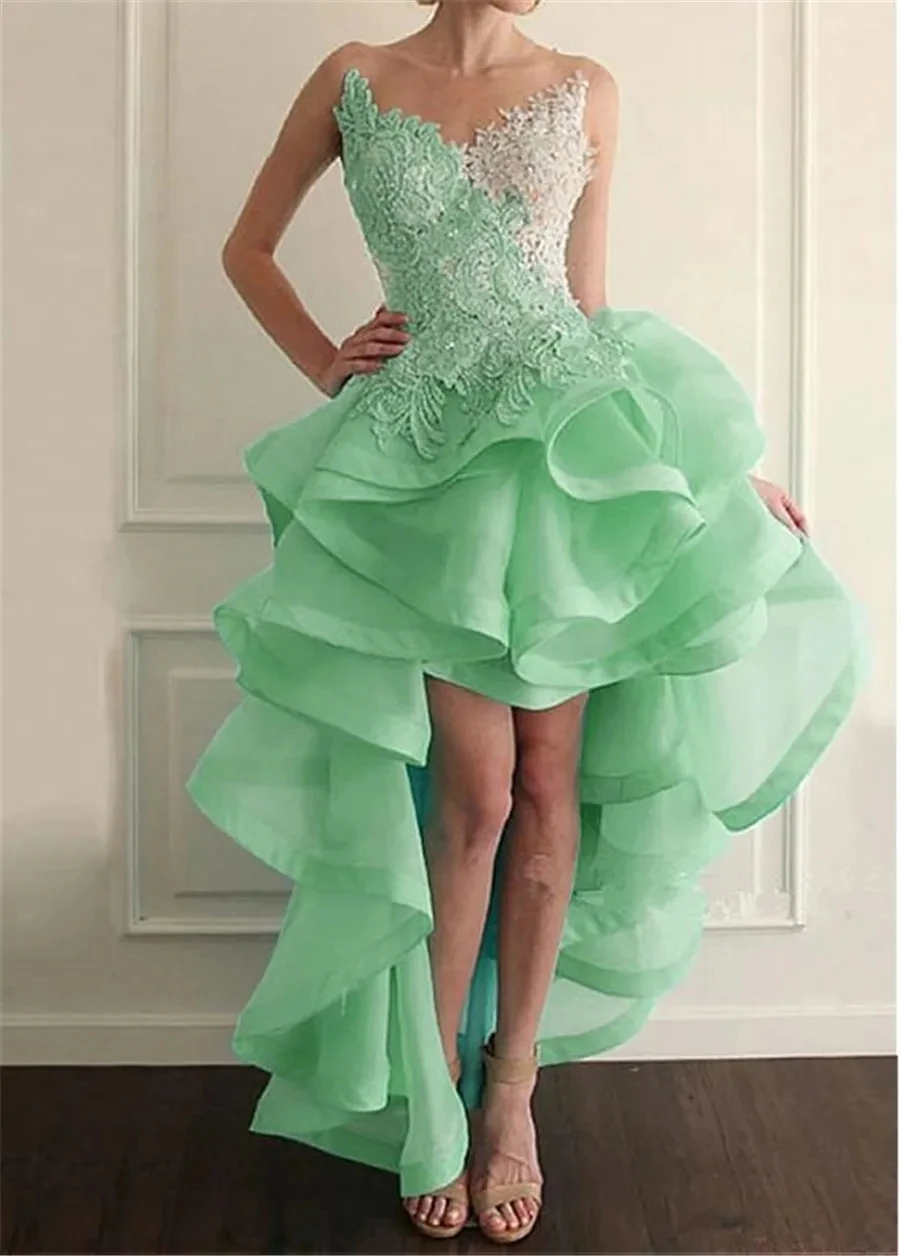 Organza Juwel Hals Hi-Lo Ballkleider 2024 Spitze Applikationen gekräuselt Organza Abend Party Kleid Illusion zurück Vestidos de Fiesta