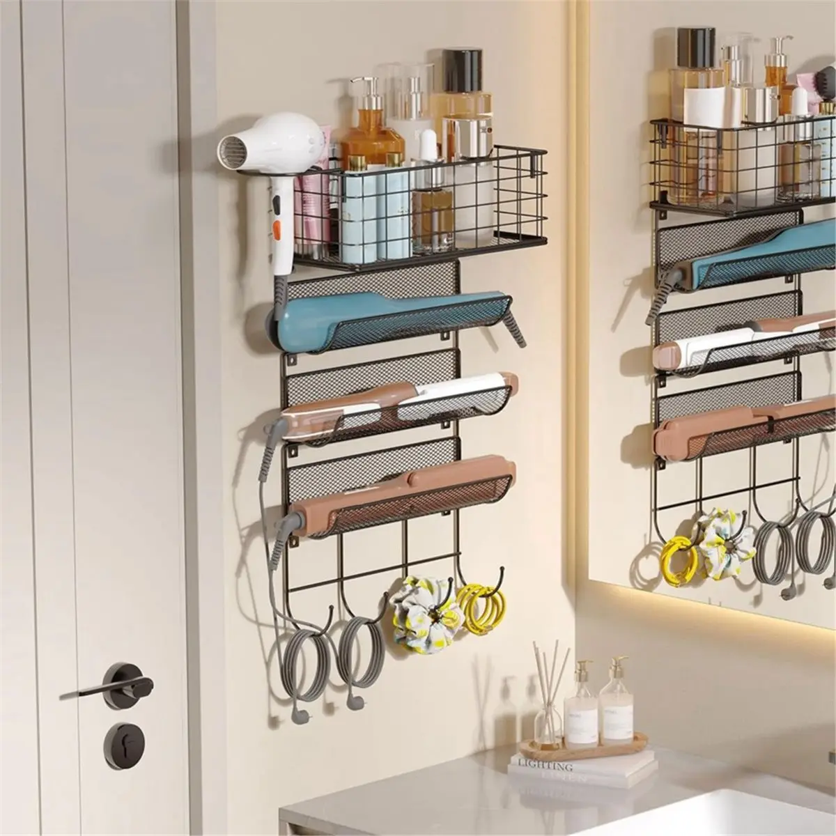 newA10R Wall-Mounted Hair Dryer Holder Styling Tool Organizer 4-Shelf Storage Wire Basket with Hook Heat Safe Rack for Hair