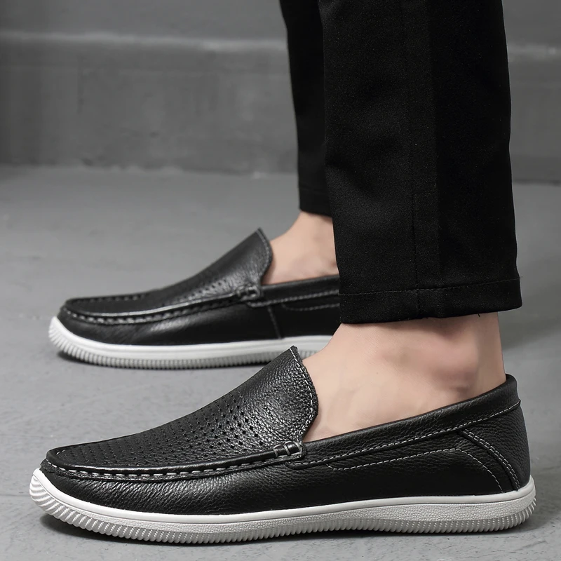 Fashion Brand Summer Hollow Style Soft Loafers Genuine Leather High Quality Flat Casual Shoes Breathable Men Flats Driving Shoes