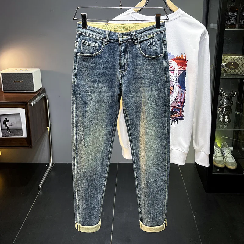 Calça grossa e justa masculina que combina com tudo, jeans casual, moda de rua de alto nível, na moda, outono, inverno, nova, 2024