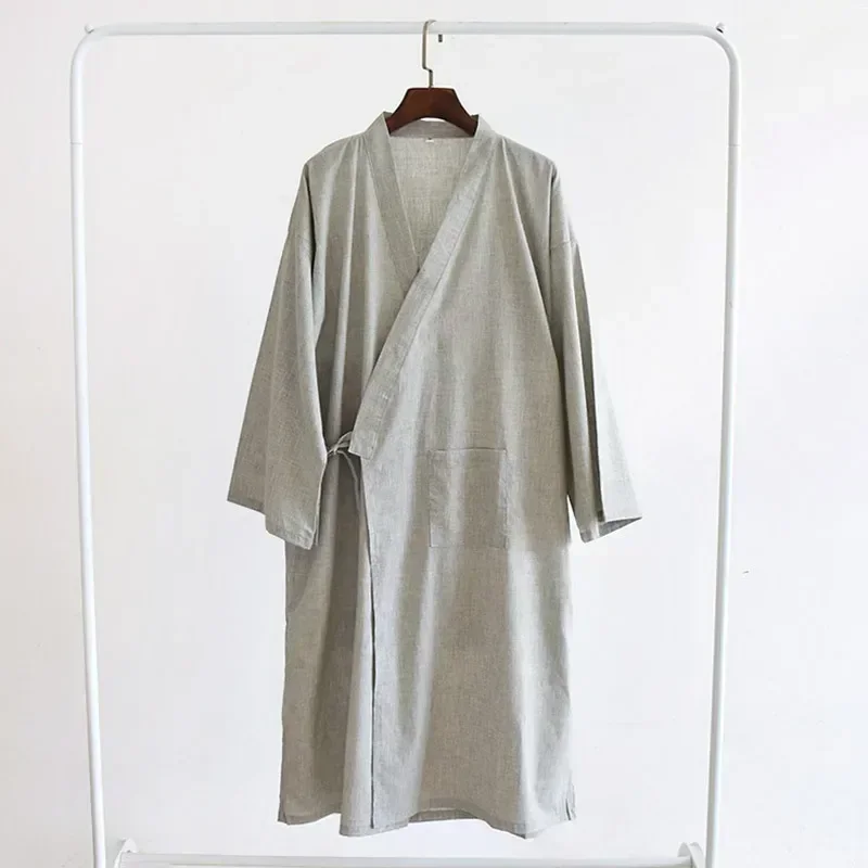 The New Four Seasons Men Is Cotton Linen Robe Men\'s Solid Color and Dress Robe Middle-aged Home Bath Steam Clothing Gentlemen