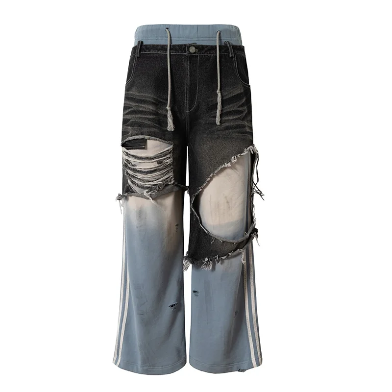 Vintage Hip Hop Casual Jeans Pants Patchwork Harakuju Ripped Loose Denim Trousers For Male Elastic Waist