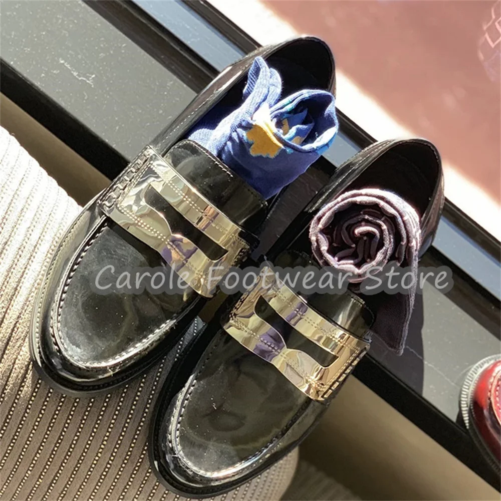 Luxury Metal Decor Slip On Genuine Leather Dress Shoes Male Round Toe Black Formal Business Loafers Party Wedding Dress Footwear