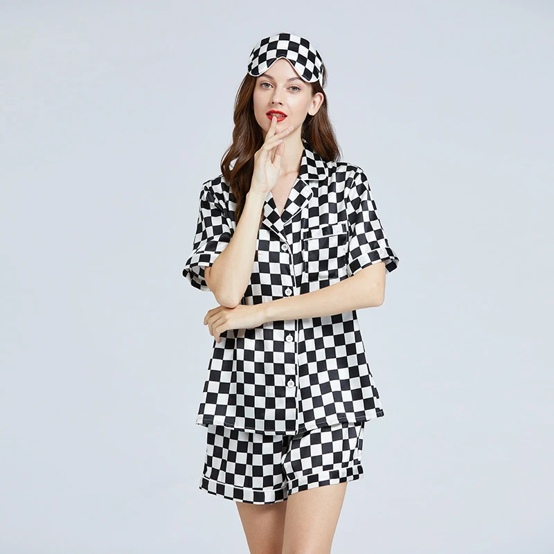 

19 Momme Check Pattern Short Silk Pajamas