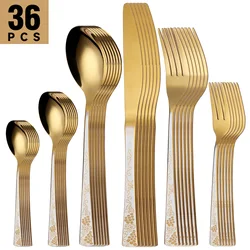 4/5/6/24/30/36 piece stainless steel tableware set, gold silverware knife, fork, spoon, grape pattern, party, hotel reuse