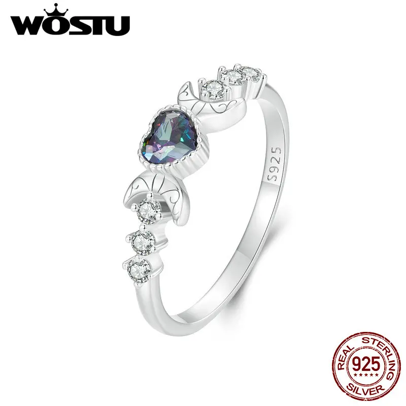 WOSTU 925 Sterling Silver Heart Mystic Topaz Promise Ring For Moon Style Shiny Zircon Band Rings Party Jewelry Gift for Family